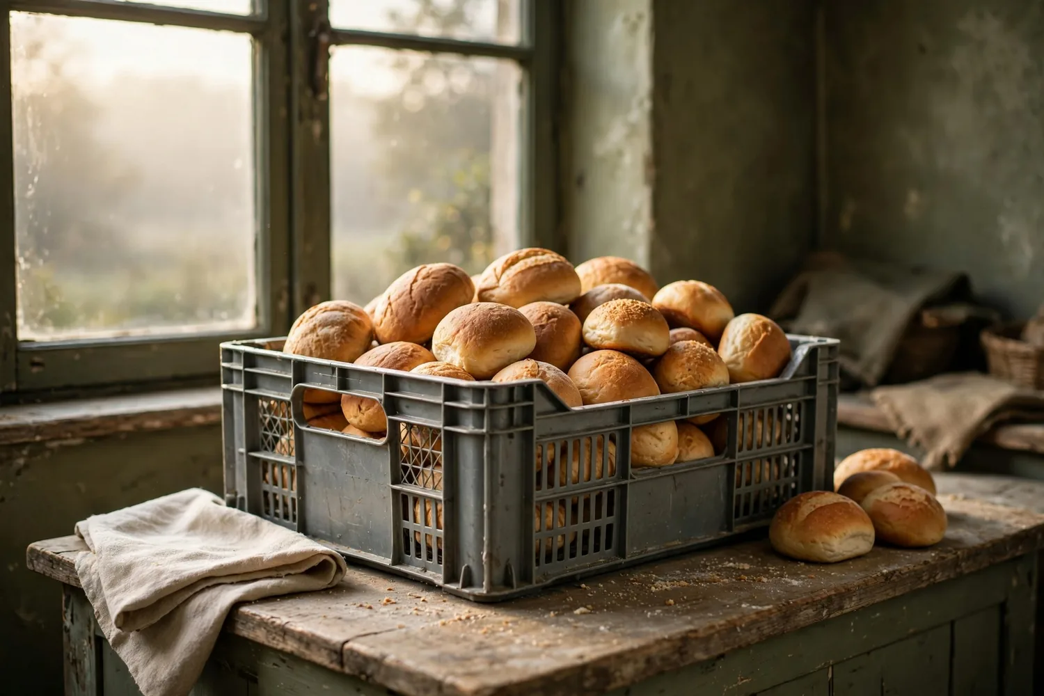 A bread crate on a shop counter