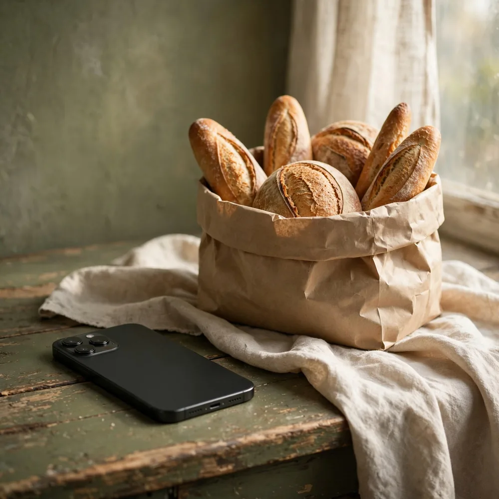 A phone beside a bag of bread